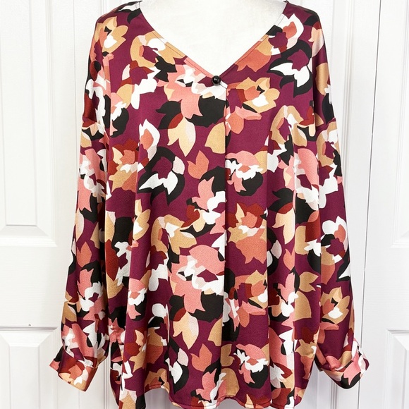 Bar III Tops - NWT Bar III Burgundy Red Abstract Floral Long Sleeve Blouse 2X